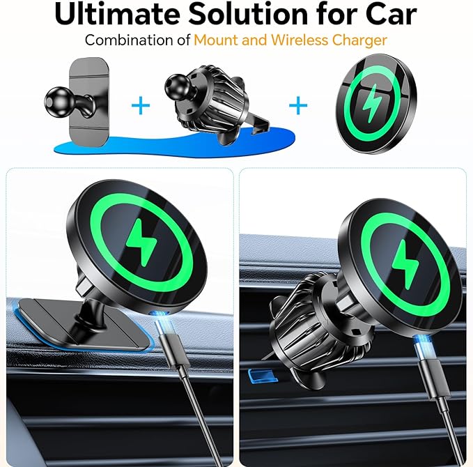 Coolpow for Magsafe Car Mount Charger【100% Stable】15W Magsafe Car Charger Magnetic Phone Holders for Your Car Accessories for Women Men Car Phone Holder Wireless Car Charger for iPhone 17 16 15 14 13