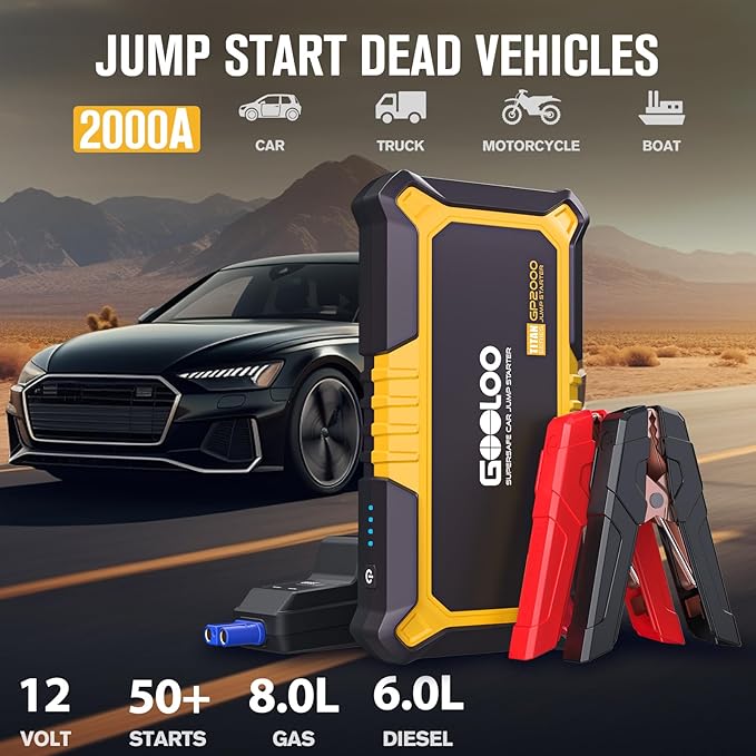 GOOLOO New GP2000 Jump Starter 2000A Car Starter Battery Pack (Up to 8.0L Gas, 6.0L Diesel Engine),12V Car Battery Charger