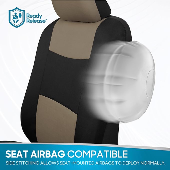 BDK PolyPro Seat Covers Full Set in Beige on Black – Front and Rear Split Bench Seat Covers for Cars, Easy to Install , Car A
