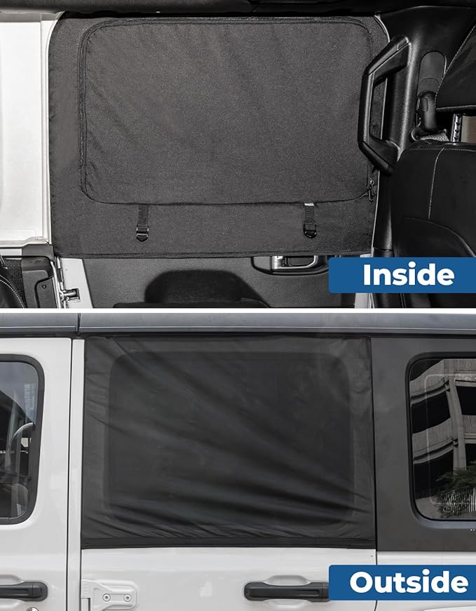JOYTUTUS Rear Wrangler Side Window Sun Shade Camping Window Insect Screen Compatible with 2007-2026 Wrangler JK JL 4 Doors Gladiator JT, Car Window Covers for Privacy Blackout 2 Pcs