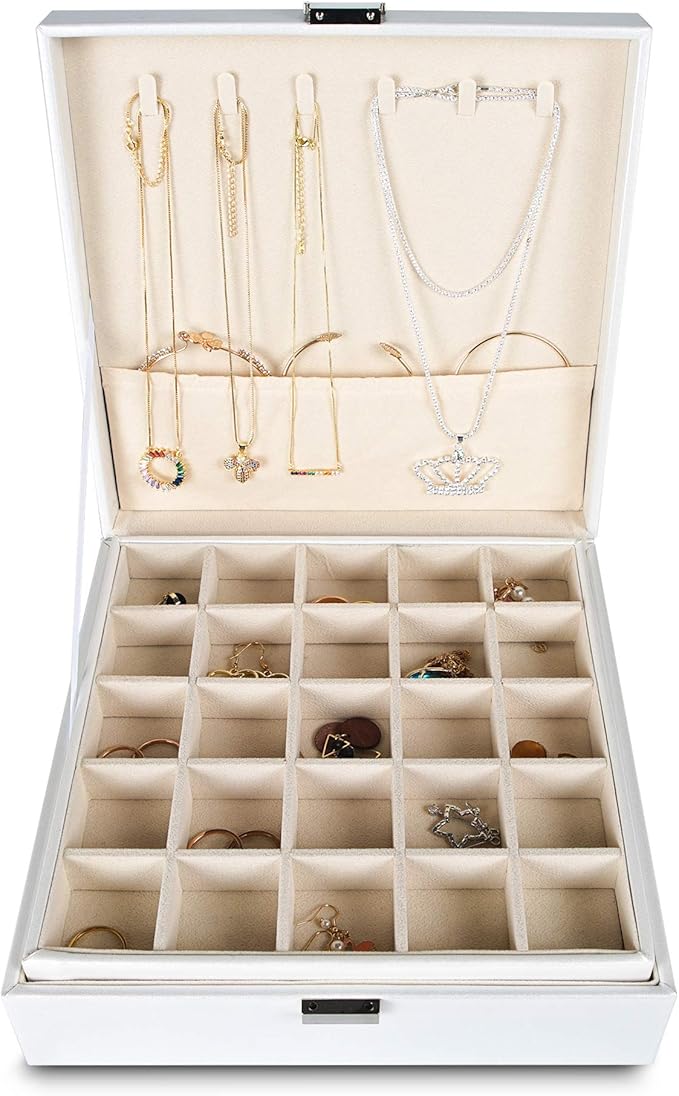 Frebeauty Earring Organizer Classic Jewelry Box 50 Slots Double Layer Jewelry Storage Case with 6 Necklace Hook and Bracelet 