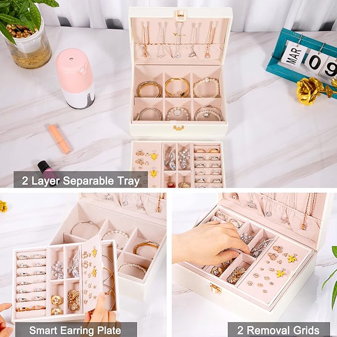 Voova Jewelry Box Organizer for Women Girls, 2 Layer Large Men Jewelry Storage Case, PU Leather Display Jewellery Holder with
