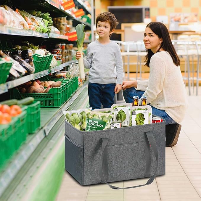 LHZK Standing Utility Tote Bag with Metal Wire Frame and the Sides Rinforced, Large Tote Bag with Handle, Reusable Grocery