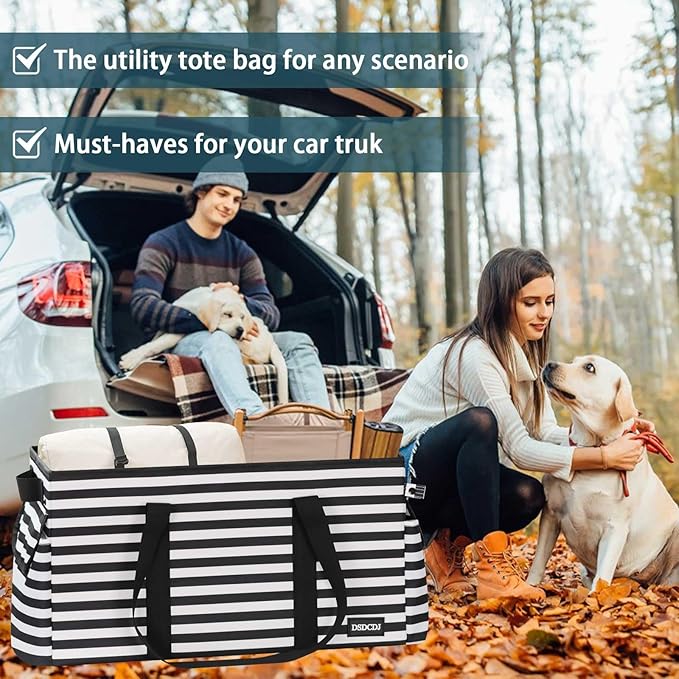 Standing Extra Large Utility Tote Bag with Hard Bottom & Hard Sides, Heavy Duty Reusable Grocery Bags with Handles & 3 Pockets for Shopping, Picnics, Camping, Laundry, Car, Beach Tote Bag