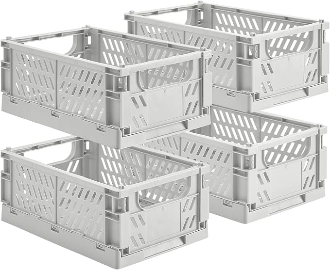 HUUSMOT 4-Pack Small Pastel Plastic Storage Baskets, Collapsible Crates for Organizing, Space-Saving Mini Bins for Classroom,