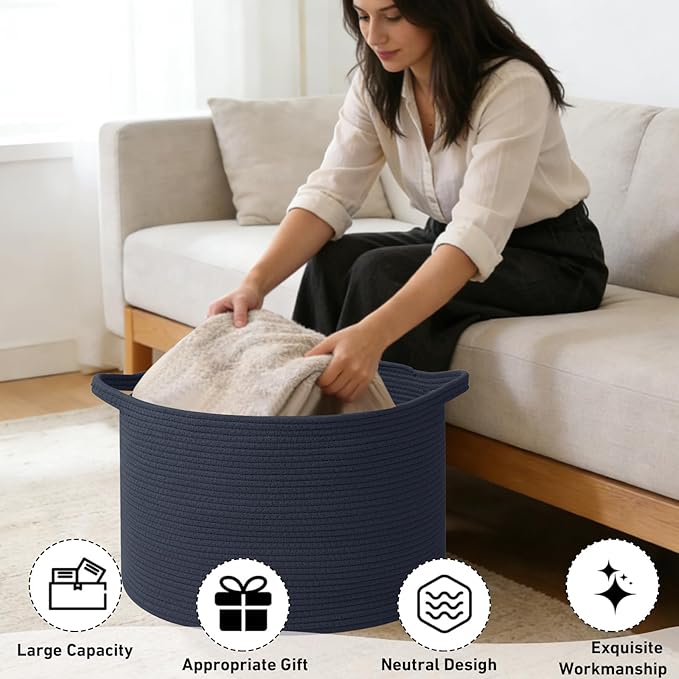 90L Large Blanket Basket,21.7"L x 21.7"W x 13.8"H Rope Woven Baskets with Handles, Toys Storage Bins,Laundry Basket Perfect f