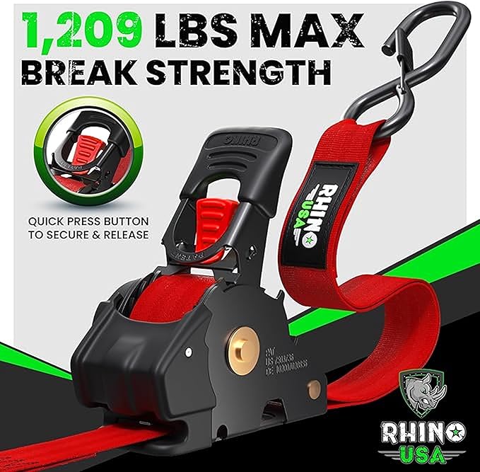 Rhino USA Retractable Ratchet Straps (2-Pack) - 1 Inch x 10 Feet (1,209lb Break Strength) - Auto Self Retracting Tie Down Straps for Truck, Cargo Trailer, Motorcycle, ATV, UTV - Red