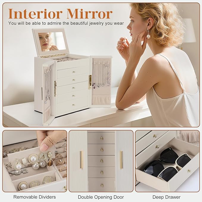 Dajasan Large Jewelry Organizer Box, Jewelry Boxes for Women Girls, 6-Tier Jewelry Storage Organizer with Mirror for Necklace