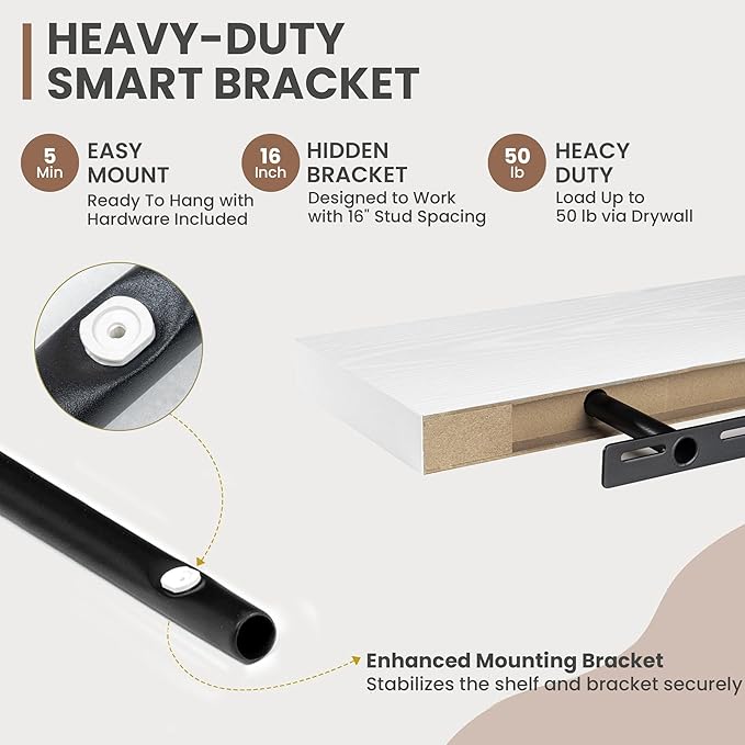 55 Inch Floating Shelves, 8 Inch Deep Floating Shelves for Wall, Hanging Shelf with Invisible Brackets, Deep Shelves for Bath