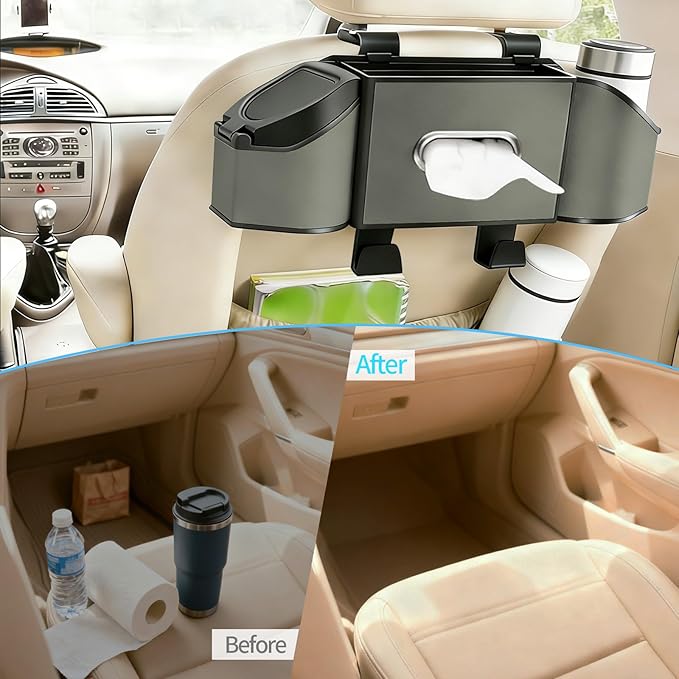7-In-1 Multifunctional Car Seat Back Organizer with Cup Holders, Tissue Box, Garbage Can & Hooks, Headrest Storage & Cup Holder for Backseat (Grey)