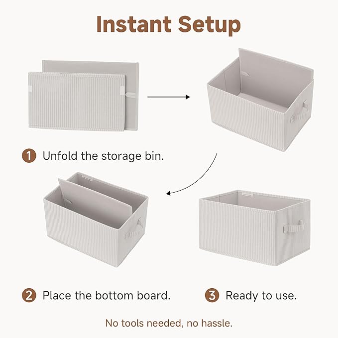 StorageWorks Foldable Shelf Organizer Bins, Closet Storage Baskets for Clothes, Fabric Storage Bins for Shelves, Beige Stripe