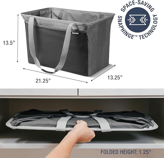 CleverMade Collapsible Tote Basket MAX (64L) – Extra Large Foldable Carry-All Storage Bin with Front Pocket, 60 lb Capacity L