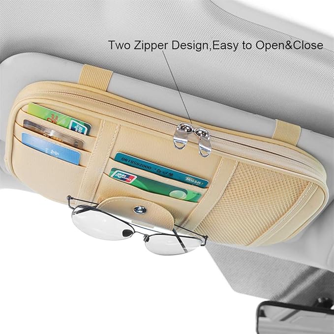 Car Sun Visor Organizer, Auto Interior Accessories Pocket Organizer - Car Truck SUV Storage Pouch Holder, with Multi-Pocket Net Zipper (Beige)