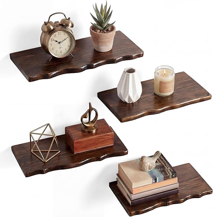 Pinkunn 4 Pcs Floating Shelves for Wall Rustic Wooden Floating Shelf Wooden Shelves for Bathroom Living Room Bedroom Kitchen 