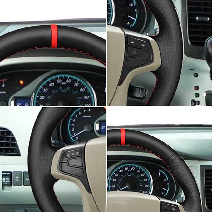 Car Steering Wheel Cover for 2014 Toyota Sienna XLE Model AWD SE 2011 2012 2013 DIY Customization Automotive Interior Accessories Hand Stitched Black Microfiber Leather Red Marker Line