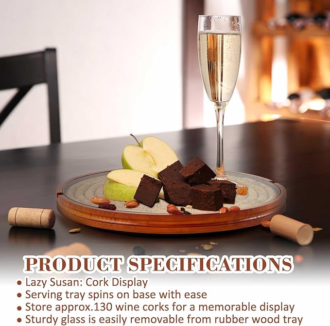 Maxdot Wine Cork Holder Decorative Wine Lover Creative Wedding Gifts for Couples Wooden Lazy Susan for Countertop with Glass 