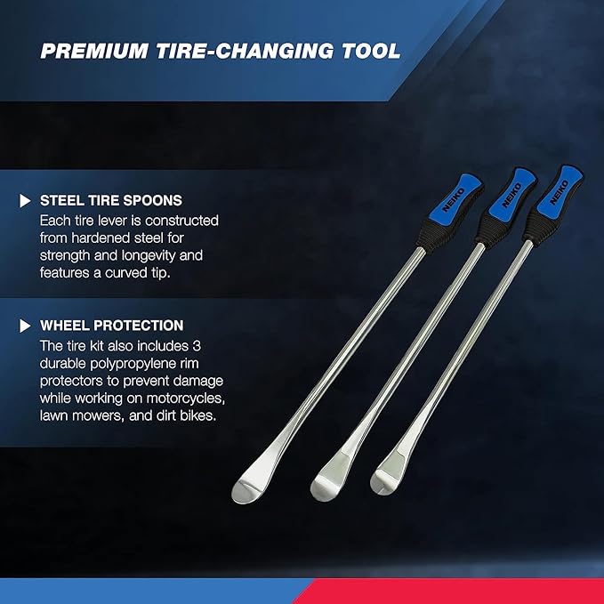 NEIKO 20601A 14.5” Steel Tire Spoons Tool Set, Tire Tools Include 3 Piece Tire Spoons, 3 Piece Rim Protector, Valve Tool, 6 Piece Valve Cores, Motorcycle Tire Changer, Dirt Bike Tire Levers