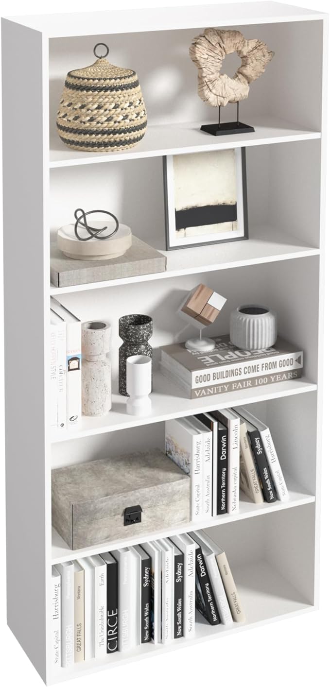 5 Tier Book Shelf,Wooden 5 Cube Storage Organizer, 54 Inch Versatile Cubes Shelf and Cubby Unit for Any Space (White, 5 Cube-