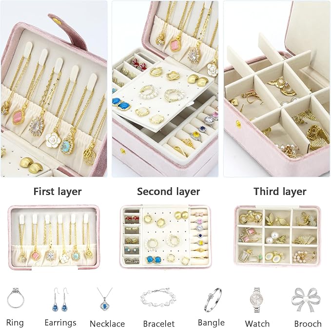 KOOAAICCHI Small Jewelry Box, Travel Jewelry Organizer, Portable Jewelry boxes for Women Girls Gift, Double Layers PU Leather
