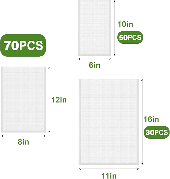 [2025 Upgraded]Moretoes Vacuum Sealer Bags, 30 Gallon 11"x 16"and 70 Quart 8"x 12"and 50Pint 6"x 10"Food Saver Bags BPA Free,
