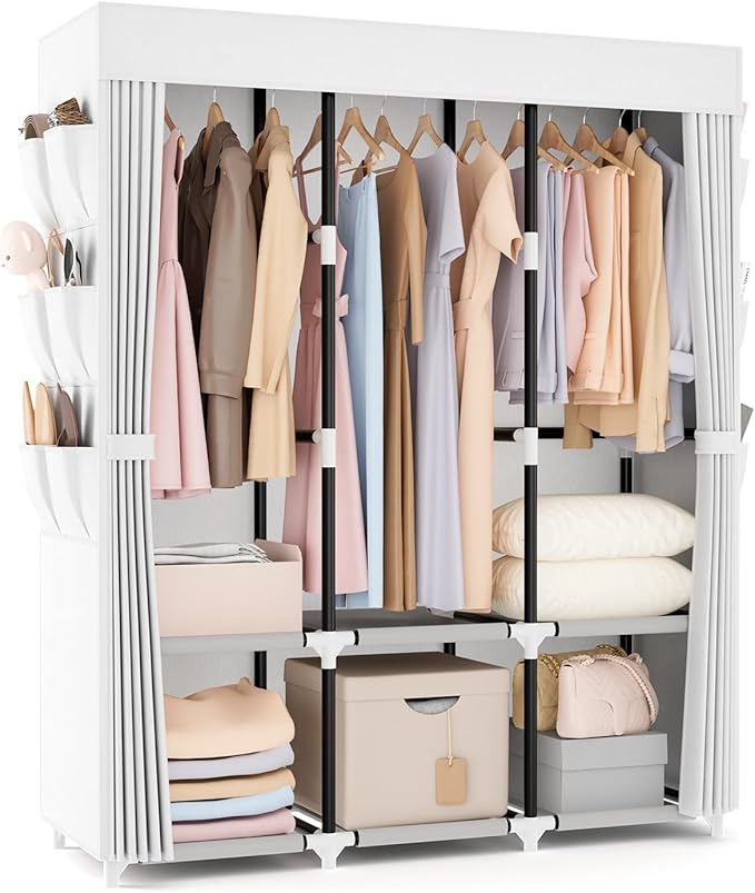 VTRIN Portable Closet Wardrobe for Hanging Clothes Closet with Cover, 3 Hanging rods, 6 Storage Shelves and Side Pocket, Diam