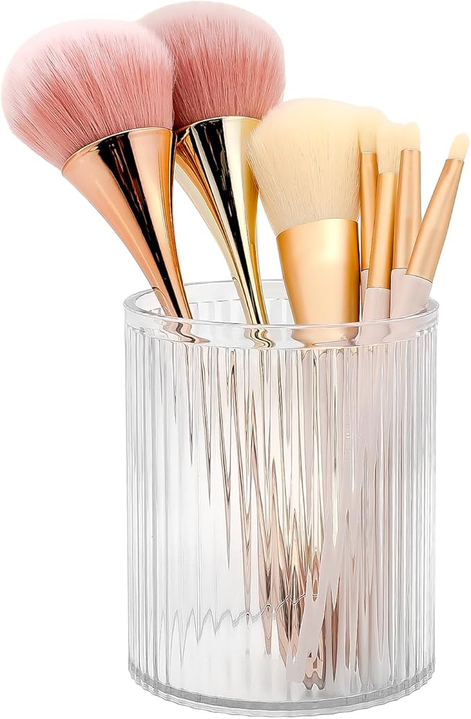 DASITON Makeup Brush Holder Organizer, Acrylic Makeup Brush Cup, Vintage Striped Make Up Brush Holder for Vanity, Bathroom Co