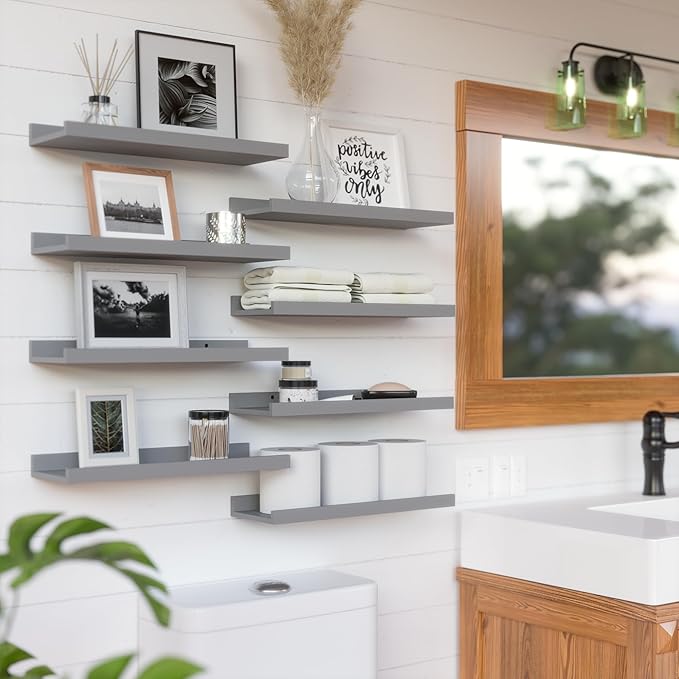 RICHER HOUSE 8 Set Floating Wall Mounted Shelves, Nursery Hanging Book Shelves with Lip for Storage, Gray Display Picture Led