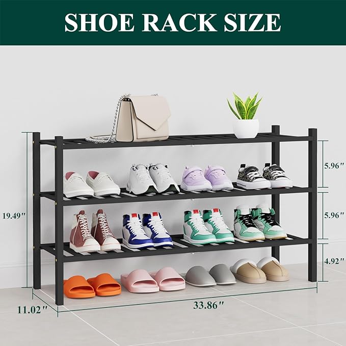 Smiry Shoe Rack, 3 Tier Thick Long Bamboo Shoe Organizer, Stackable Free Standing Wooden Shoe Storage Shelf for Closet, Entry