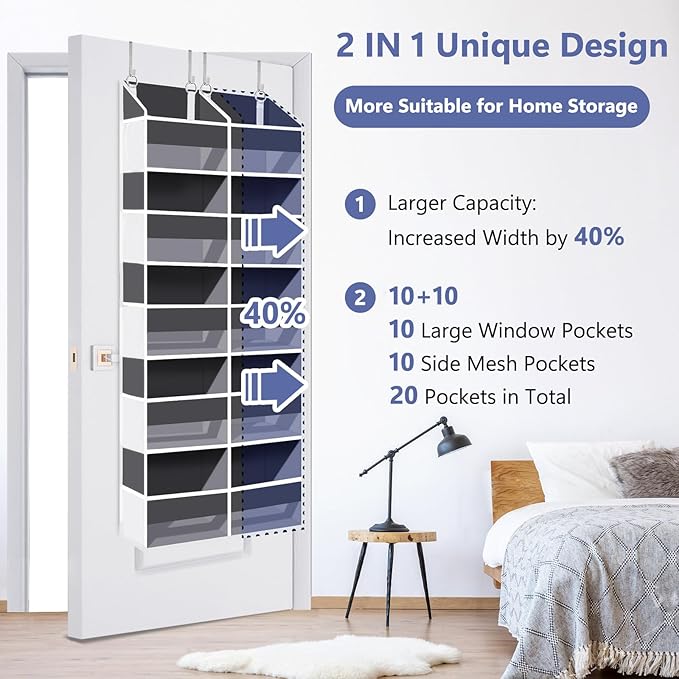 UVIAHOMI Heavy Duty Over The Door Organizer 5 Tiers, Extra Large Behind Door Storage of 10 Front & 10 Mesh Pockets, 80lb Weig