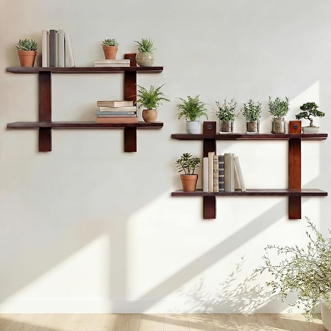 Floating Shelves for Wall Set of 2 Long 2 Tier Wood Wall Mounted Shelves Mid Century Modern Decorative Storage Plant Photo Di
