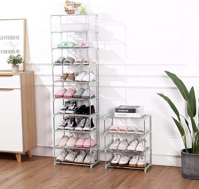 Jucaifu Stackable Small Shoe Rack, Entryway, Hallway and Closet Space Saving Storage and Organization (10-Tier, Green)