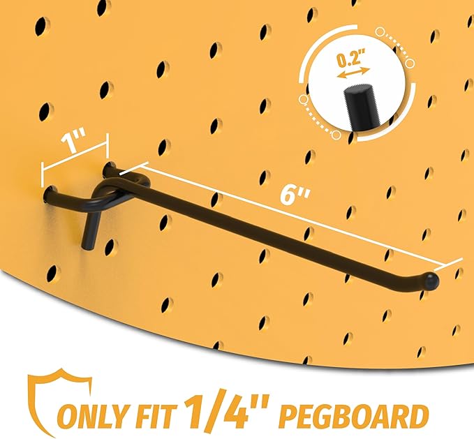 HUHOLE 25 Pack Black Pegboard Hooks 6 Inch – Heavy Duty Metal L-Hooks for 1/4" Peg Board – Garage Tool Organizer, Retail Disp