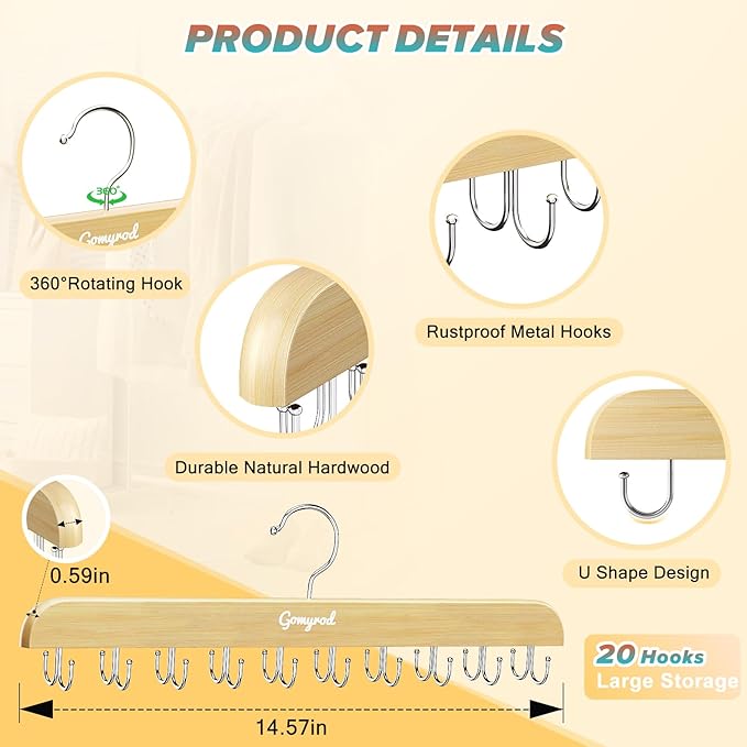 Gomyrod Bra Hanger for Closet, Tank Top Hangers 2 Pack w/20 Hooks Holds 40 Bras, Capacity Foldable Wood Space Saving Hanger, 