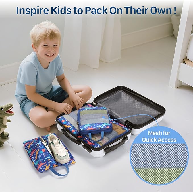 Kids Compression Packing Cubes, 4 Piece Set for Carry On Suitcase, Water Resistant Travel Luggage Organizers with Shoe Bag, T