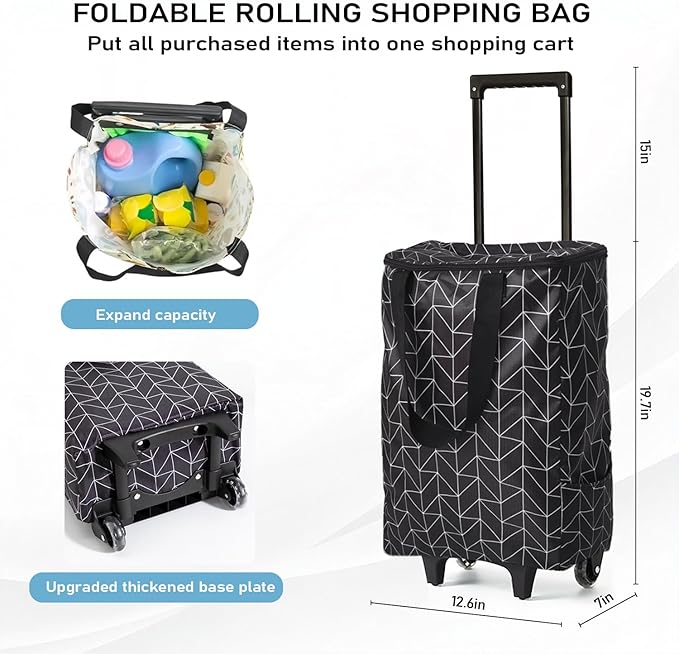 Small Shopping Cart with Wheels, Rolling Shopping Bag, Collapsible Grocery Cart, Portable Foldable Shopping Trolley Pull Handle, Small Folding Trolley Cart, Rolling Tote for Travel, Camping (Black)