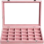 Frebeauty Velvet Jewelry Tray,24 Grid Jewelry Organizer with Clear Lid,Earring Holder Organizer with Clasp,Drawer Insert Ring