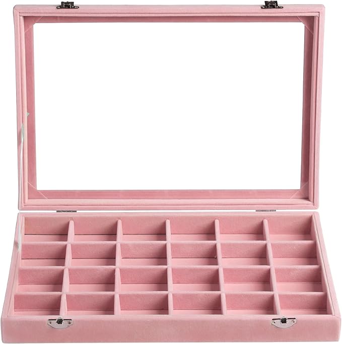 Frebeauty Velvet Jewelry Tray,24 Grid Jewelry Organizer with Clear Lid,Earring Holder Organizer with Clasp,Drawer Insert Ring