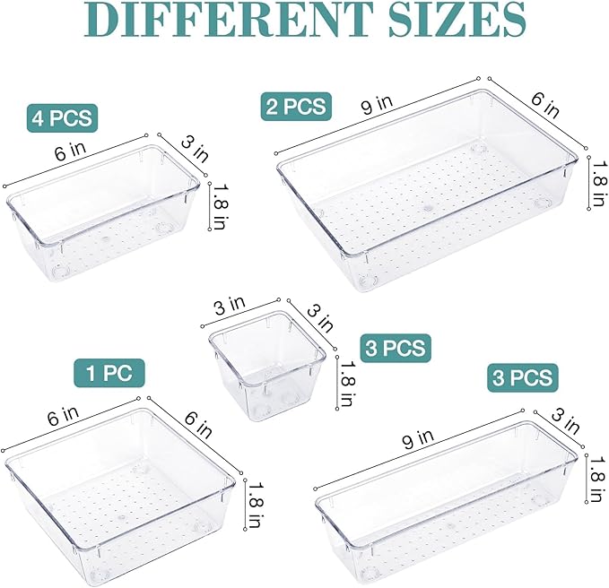 StorMiracle 13 PCS Drawer Organizer Set, 5 Varied Size Bathroom and kitchen Drawer cabinet organizer Trays, Clear Storage Bin