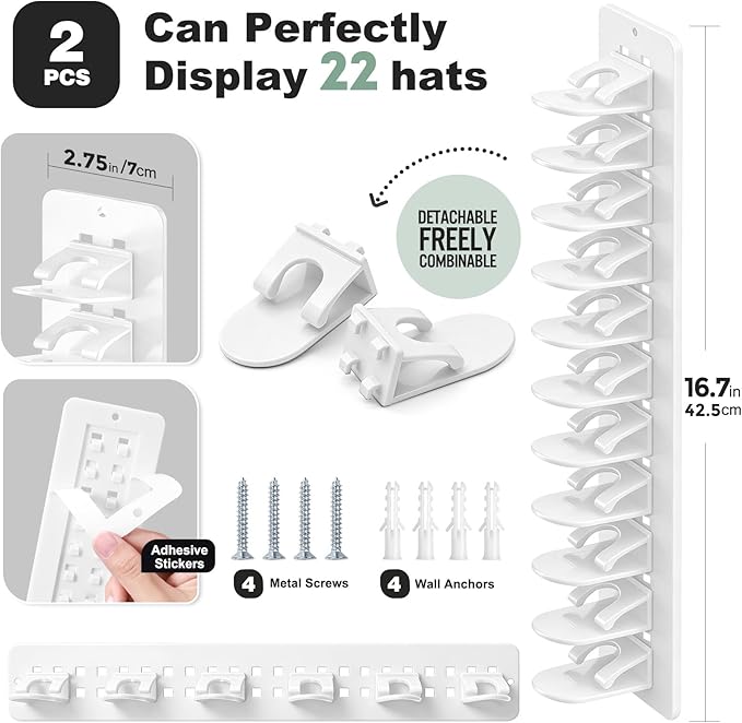 2 Pack Hat Organizer for Baseball Caps, Detachable DIY Hat Rack for Wall Hat Holder Hold up to 22 Hats, Baseball Cap Organize