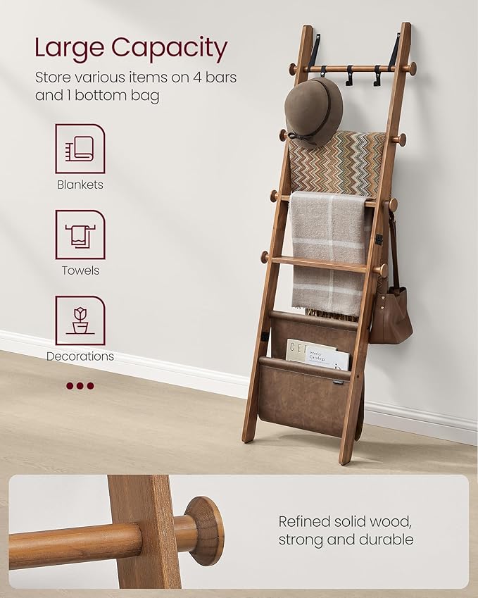 VASAGLE Blanket Ladder for Living Room, 5-Tier Wooden Ladder Shelf, Decorative Farmhouse Blanket Rack with Synthetic Leather 
