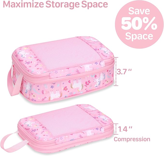 Kids Compression Packing Cubes, 4 Piece Set for Carry On Suitcase, Water Resistant Travel Luggage Organizers with Shoe Bag, T