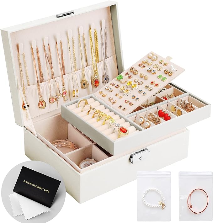 Jewelry Box Organizer for Women Girls 2 Layer Leather Travel Jewelry Storage Case with Lock and Removable Tray for Necklace E