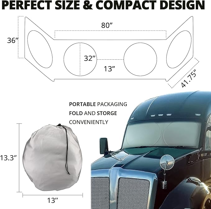 Semi Truck Sun Shade for Windshield and Side Windows | Upgrade 300T Semi Window Sunshade Sun Protection Block UV/Sun Heat Rays for Semi, Commercial & Big Rig Truck, RV