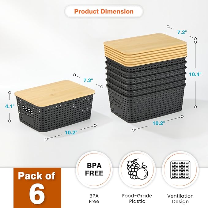 Ohmlove Plastic Storage Baskets With Bamboo Lid - Plastic Storage Containers Stackable Storage bins: Storage Baskets for Orga