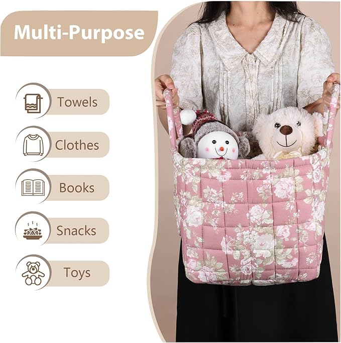 Storage Basket Boho Fabric Large Collapsible Floral Laundry Nursery Hamper Portable Folding Storage for Clothes Toys (Pink)