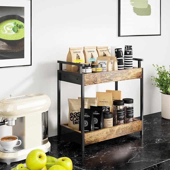 KLM Countertop Coffee Station Organizer, 2 Tier Wooden Shelf for Coffee Bar Accessories, Condiment Storage Caddy for Kitchen,