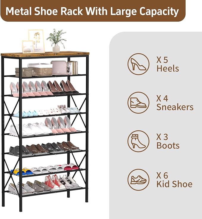 8 Tiers Tall Shoe Rack Organizer, Large Capacity Shoe Rack Holds 32 Pairs of Shoes, Durable and Stable, Adjustable Metal Shel