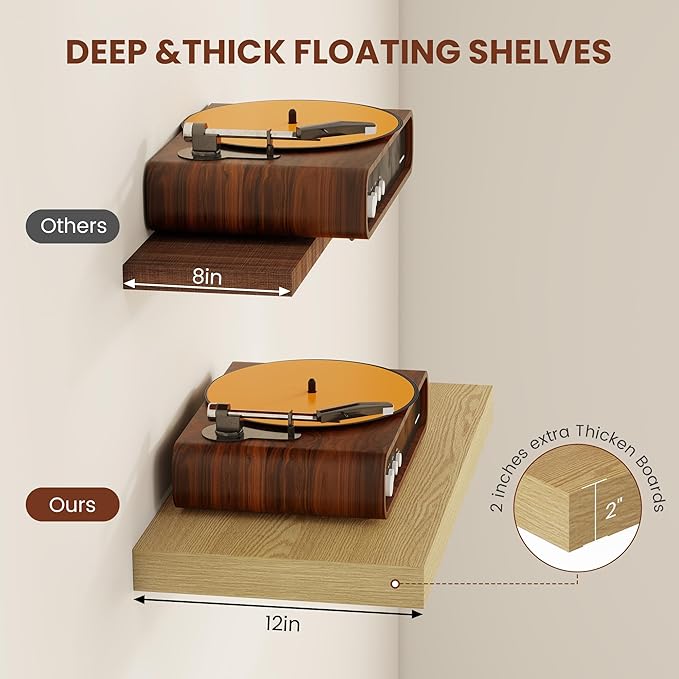 Vivelove 12 Inch Deep Floating Shelves 30 inch Long, 2 Inch Thick Wall Shelves with Invisible Brackets, Shelf for Bedroom Bat