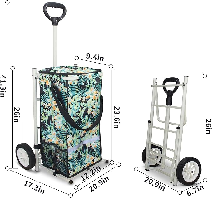 TMZ Heavy-Duty Foldable Shopping Cart with Removable Insulated Bag & Hooks - Lightweight 110 lbs Capacity Grocery Luggage Cart for Market, Travel, Laundry (Tropic Style)