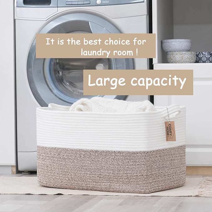 COMFY-HOMI Large Laundry for Organizing|Rectangle Cotton Rope Storage with Handles|Blanket for Living Room|Woven Laundry for 
